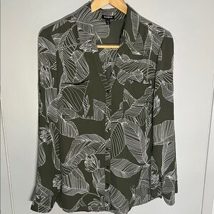 Express Olive Green Leaf Print Button Down Shirt